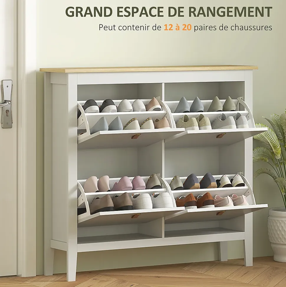Meuble à chaussures armoire à chaussures 4 portes 4 étagères amovibles réglables dim. 105 x 24 x 95,5 cm blanc effet bois clair