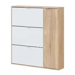 Meuble à Chaussures avec 3 abattants et 1 porte chêne canadien / blanc artic -Hauteur 115 x Longueur 106 x Profondeur 22 cm