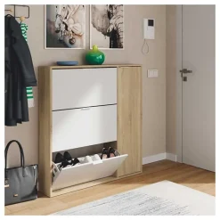 Meuble à Chaussures avec 3 abattants et 1 porte chêne canadien / blanc artic -Hauteur 115 x Longueur 106 x Profondeur 22 cm