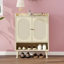 Meuble à Chaussures avec 2 Portes Rotin et Étagères Ouvertes, Meuble Rangement pour Couloir ou Entrée, Naturel, 68x35x90 cm