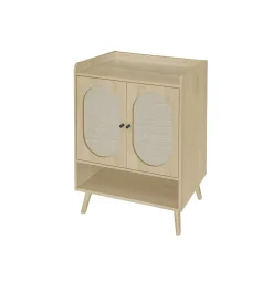 Meuble à Chaussures avec 2 Portes Rotin et Étagères Ouvertes, Meuble Rangement pour Couloir ou Entrée, Naturel, 68x35x90 cm