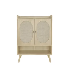 Meuble à Chaussures avec 2 Portes Rotin et Étagères Ouvertes, Meuble Rangement pour Couloir ou Entrée, Naturel, 68x35x90 cm