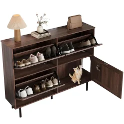 Meuble à Chaussures avec 3 Abattants et Rangement Gain de Place, Structure en Panneaux de Particules, Noyer Naturel, 120x28x92 cm