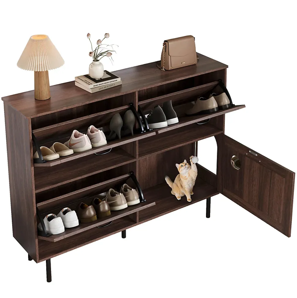 Meuble à Chaussures avec 3 Abattants et Rangement Gain de Place, Structure en Panneaux de Particules, Noyer Naturel, 120x28x92 cm