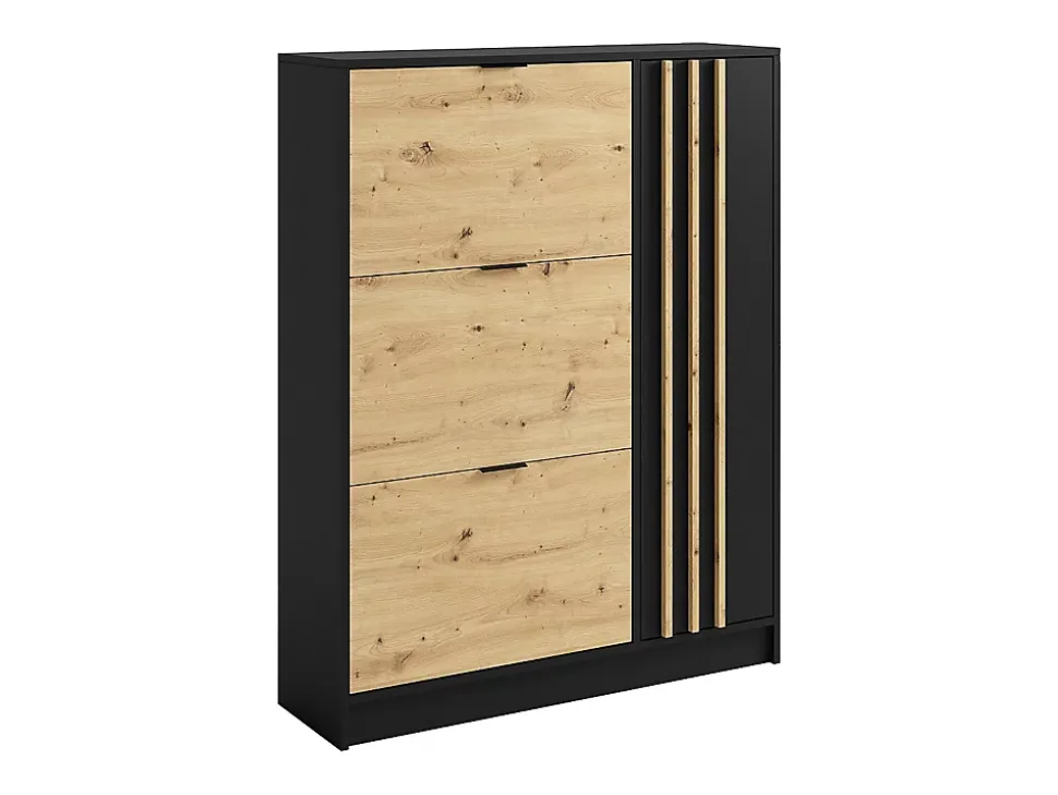 Meuble à chaussures avec 1 porte et 3 compartiments abattants - Naturel et Noir - JANAKIA