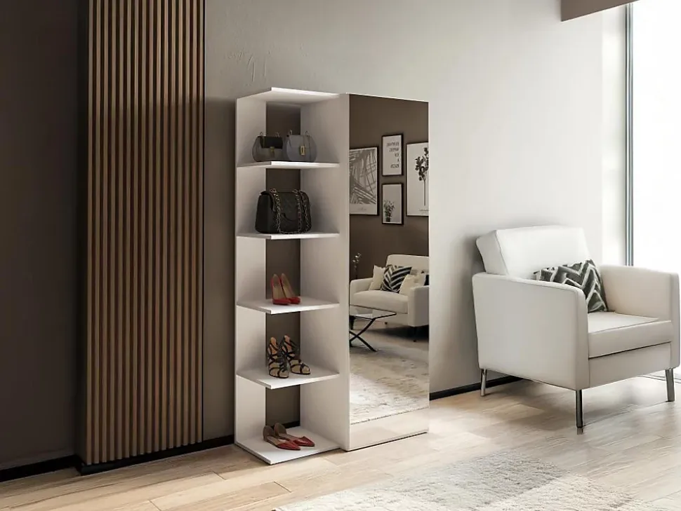 Meuble à chaussures avec 4 étagères et 1 porte miroir - Blanc - SYLANY