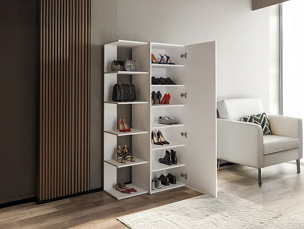 Meuble à chaussures avec 4 étagères et 1 porte miroir - Blanc - SYLANY