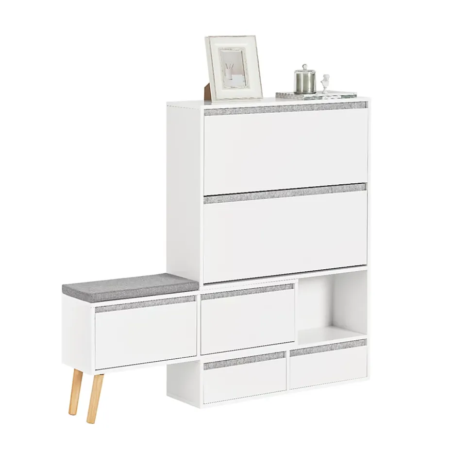 Meuble à Chaussures avec 2 Abattants, 2 Portes, 2 Tiroirs et Coussin, FSR134-W, SoBuy