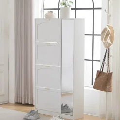 Meuble à Chaussures avec Miroir et Compartiments Abattants, Design Moderne avec Étagères Réglables pour Entrée, Blanc 80x24x147 cm
