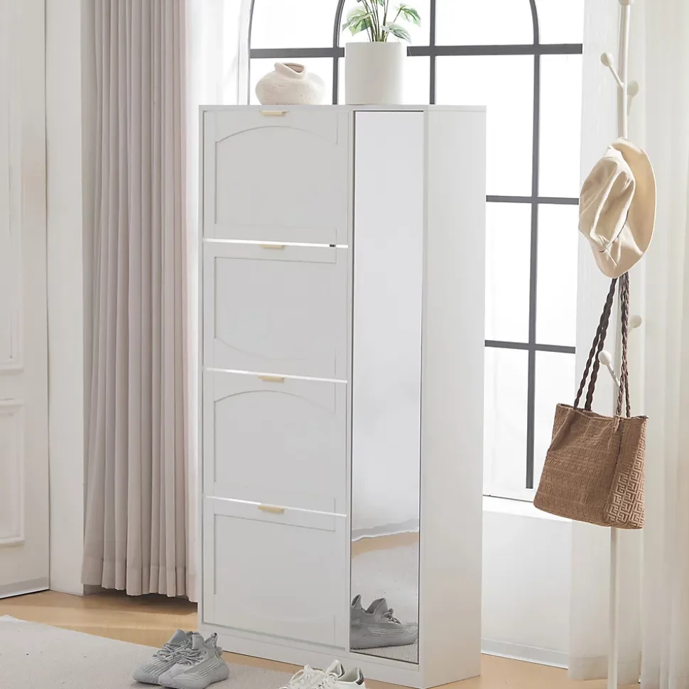 Meuble à Chaussures avec Miroir et Compartiments Abattants, Design Moderne avec Étagères Réglables pour Entrée, Blanc 80x24x147 cm