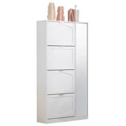 Meuble à Chaussures avec Miroir et Compartiments Abattants, Design Moderne avec Étagères Réglables pour Entrée, Blanc 80x24x147 cm