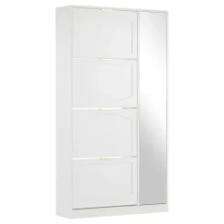 Meuble à Chaussures avec Miroir et Compartiments Abattants, Design Moderne avec Étagères Réglables pour Entrée, Blanc 80x24x147 cm