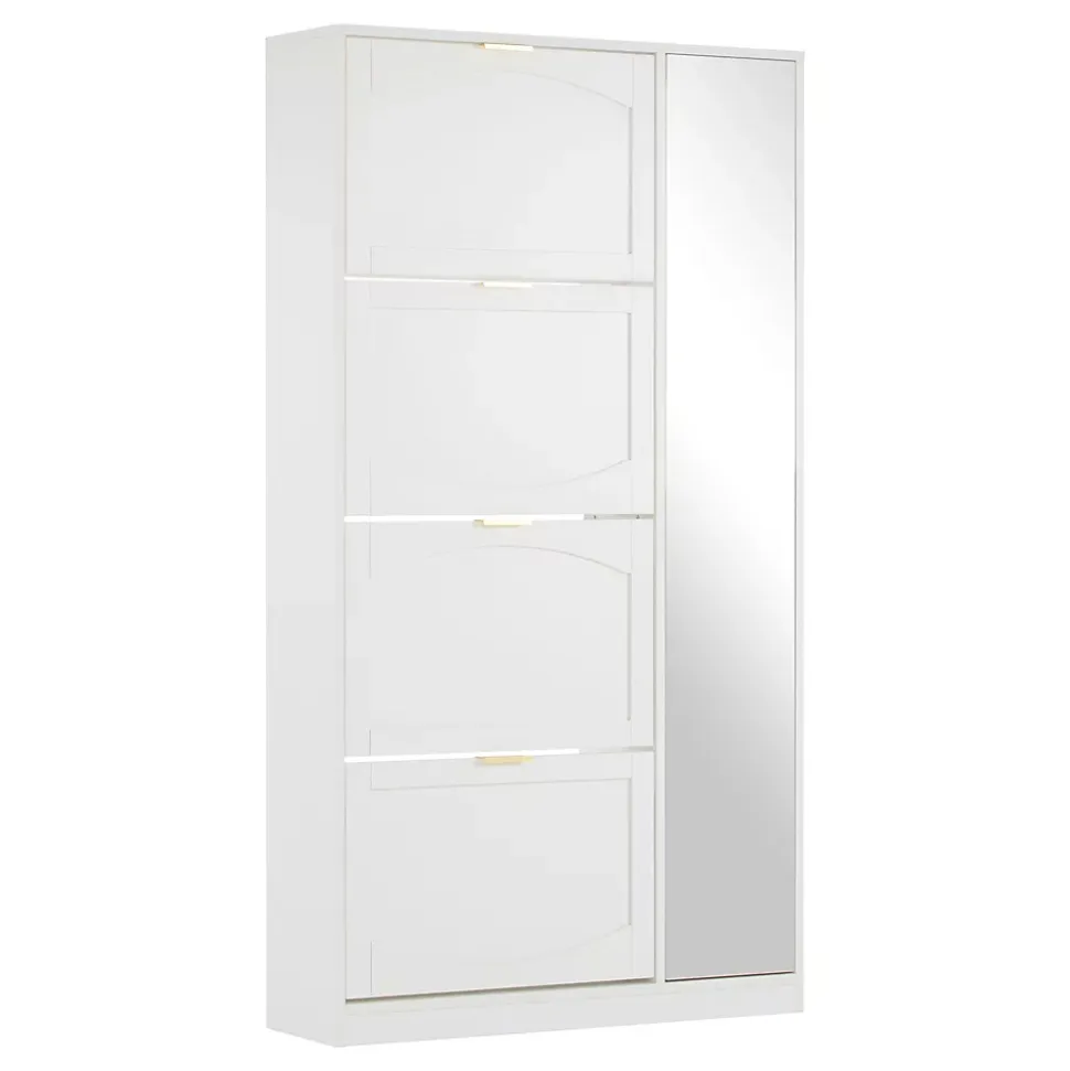 Meuble à Chaussures avec Miroir et Compartiments Abattants, Design Moderne avec Étagères Réglables pour Entrée, Blanc 80x24x147 cm