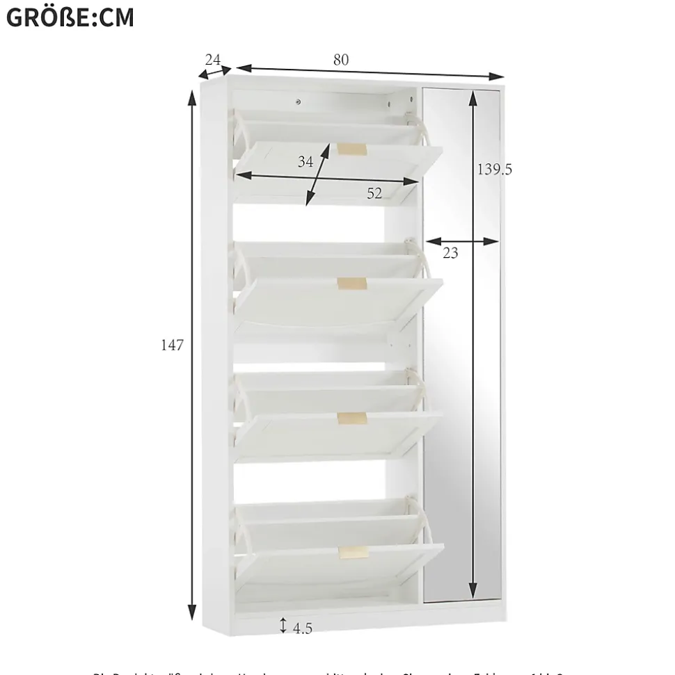 Meuble à Chaussures avec Miroir et Compartiments Abattants, Design Moderne avec Étagères Réglables pour Entrée, Blanc 80x24x147 cm