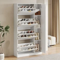 Meuble à Chaussures avec Miroir et Compartiments Abattants, Design Moderne avec Étagères Réglables pour Entrée, Blanc 80x24x147 cm