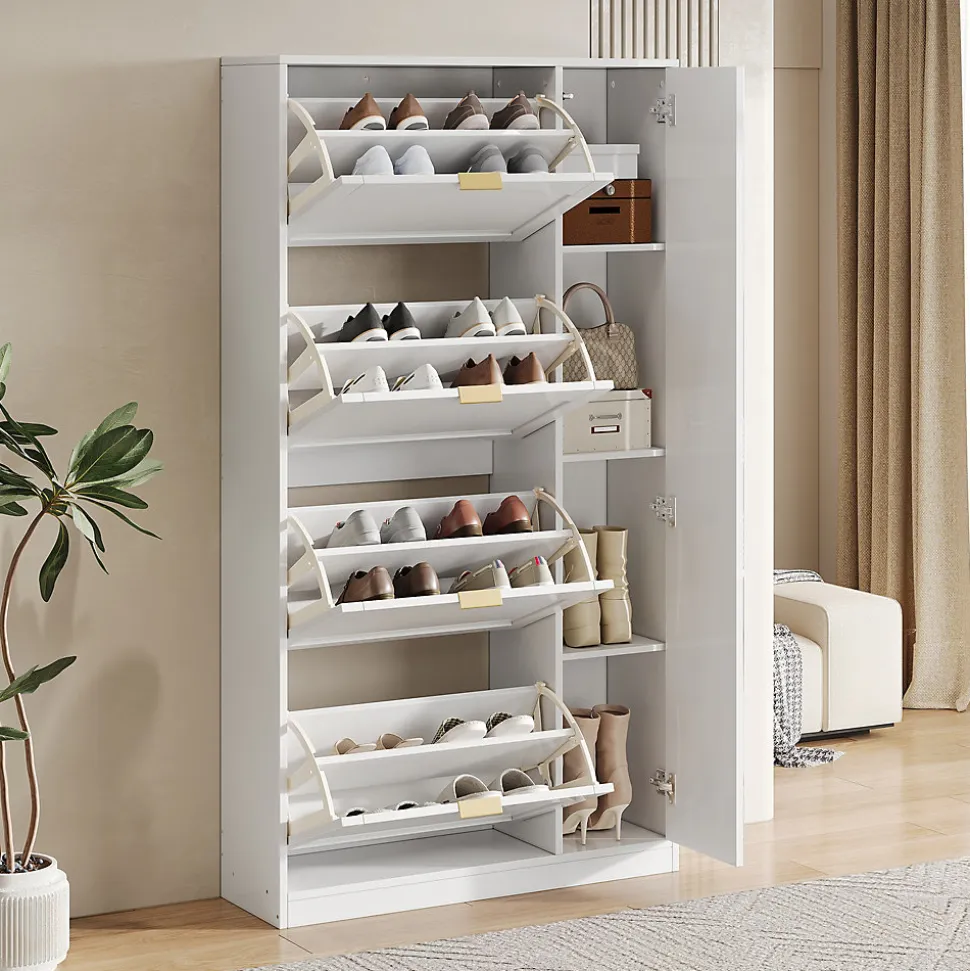 Meuble à Chaussures avec Miroir et Compartiments Abattants, Design Moderne avec Étagères Réglables pour Entrée, Blanc 80x24x147 cm