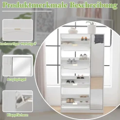 Meuble à Chaussures avec Miroir et Compartiments Abattants, Design Moderne avec Étagères Réglables pour Entrée, Blanc 80x24x147 cm