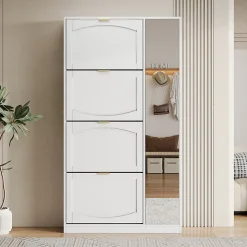 Meuble à Chaussures avec Miroir et Compartiments Abattants, Design Moderne avec Étagères Réglables pour Entrée, Blanc 80x24x147 cm