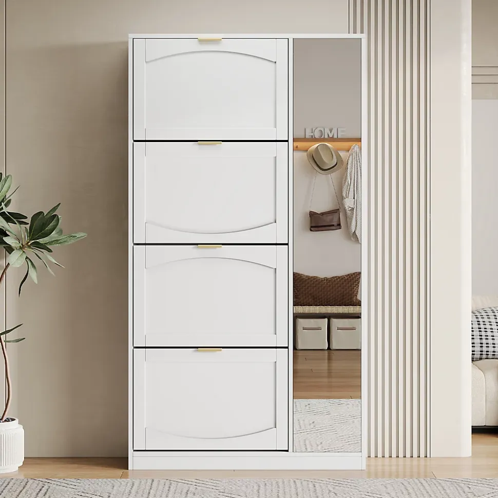 Meuble à Chaussures avec Miroir et Compartiments Abattants, Design Moderne avec Étagères Réglables pour Entrée, Blanc 80x24x147 cm
