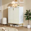 Meuble à Chaussures Blanc, Armoire à Chaussures Design avec Portes Dorées et 4 Étagères, Pieds en Métal - 75x37x105 cm