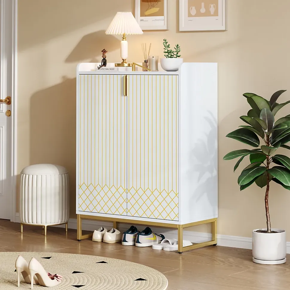 Meuble à Chaussures Blanc, Armoire à Chaussures Design avec Portes Dorées et 4 Étagères, Pieds en Métal - 75x37x105 cm