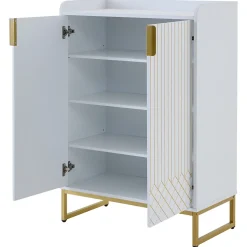 Meuble à Chaussures Blanc, Armoire à Chaussures Design avec Portes Dorées et 4 Étagères, Pieds en Métal - 75x37x105 cm