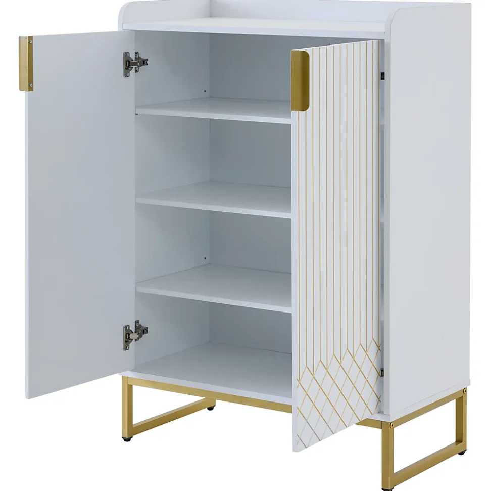 Meuble à Chaussures Blanc, Armoire à Chaussures Design avec Portes Dorées et 4 Étagères, Pieds en Métal - 75x37x105 cm