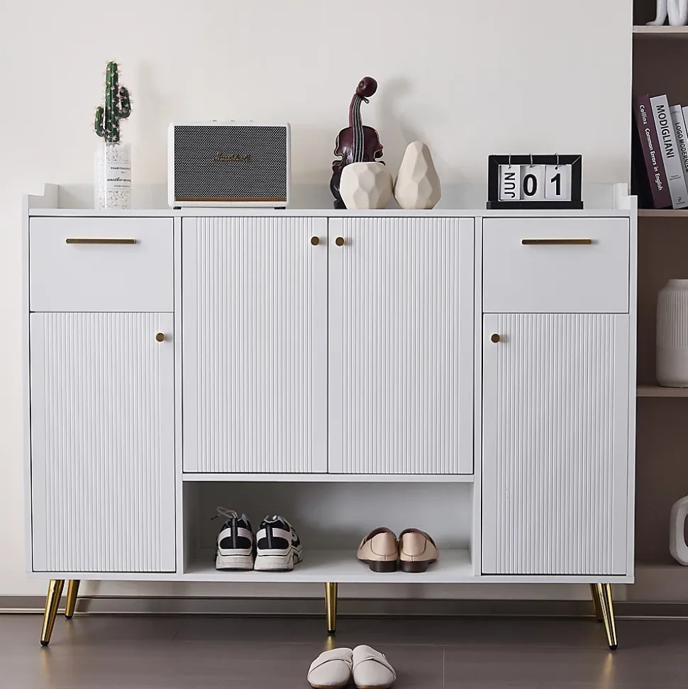 Meuble à Chaussures Blanc avec 2 Tiroirs et 4 Portes, Pieds Métal - 130x37x100 cm