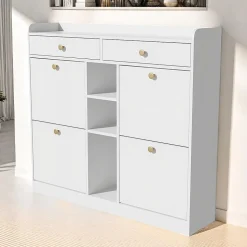Meuble à chaussures blanc 110x26x100 cm, 4 portes, 2 tiroirs, 3 étagères ouvertes, design moderne