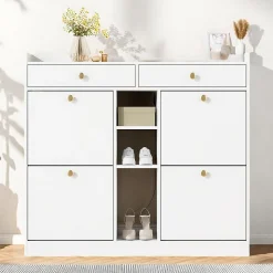 Meuble à chaussures blanc 110x26x100 cm, 4 portes, 2 tiroirs, 3 étagères ouvertes, design moderne