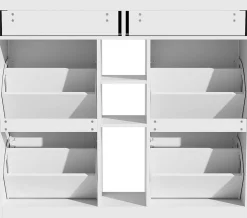 Meuble à chaussures blanc 110x26x100 cm, 4 portes, 2 tiroirs, 3 étagères ouvertes, design moderne