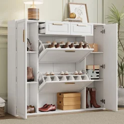 Meuble à Chaussures Blanc 2 Tiroirs et Étagères Réglables, Armoire à Chaussures avec Portes et Poignées Dorées - 120x24x107 cm