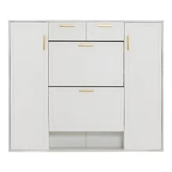 Meuble à Chaussures Blanc 2 Tiroirs et Étagères Réglables, Armoire à Chaussures avec Portes et Poignées Dorées - 120x24x107 cm
