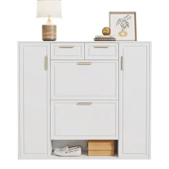 Meuble à Chaussures Blanc 2 Tiroirs et Étagères Réglables, Armoire à Chaussures avec Portes et Poignées Dorées - 120x24x107 cm