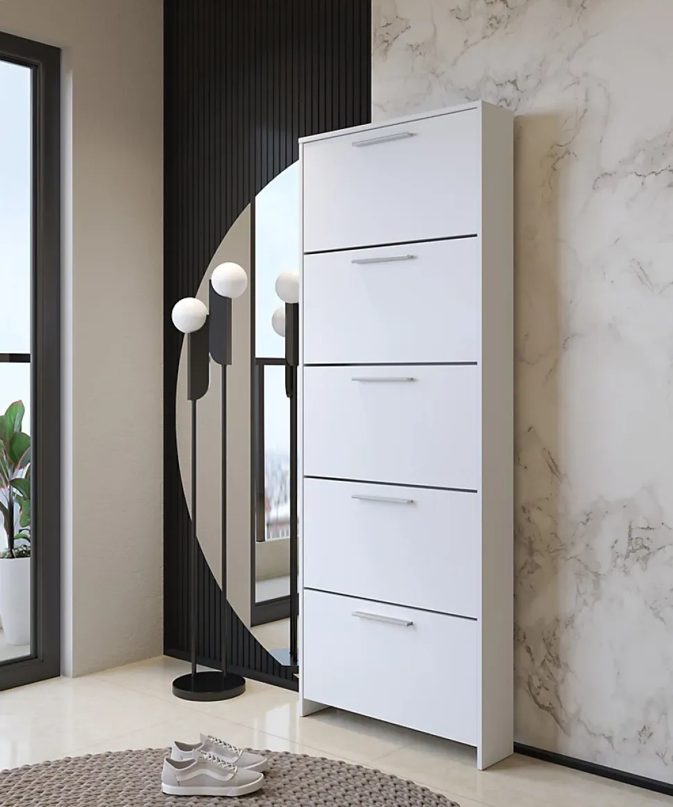 Meuble à chaussures Campania, Meuble à chaussures, Armoire d'entrée polyvalente, Rangement pour chaussures, 69x17h187 cm, Blanc