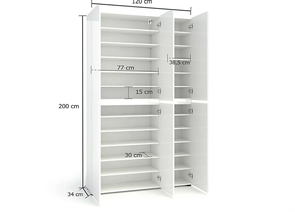 Meuble à chaussures Ddomingue, Meuble à chaussures, Armoire d'entrée polyvalente, 122x34h200 cm, Blanc brillant