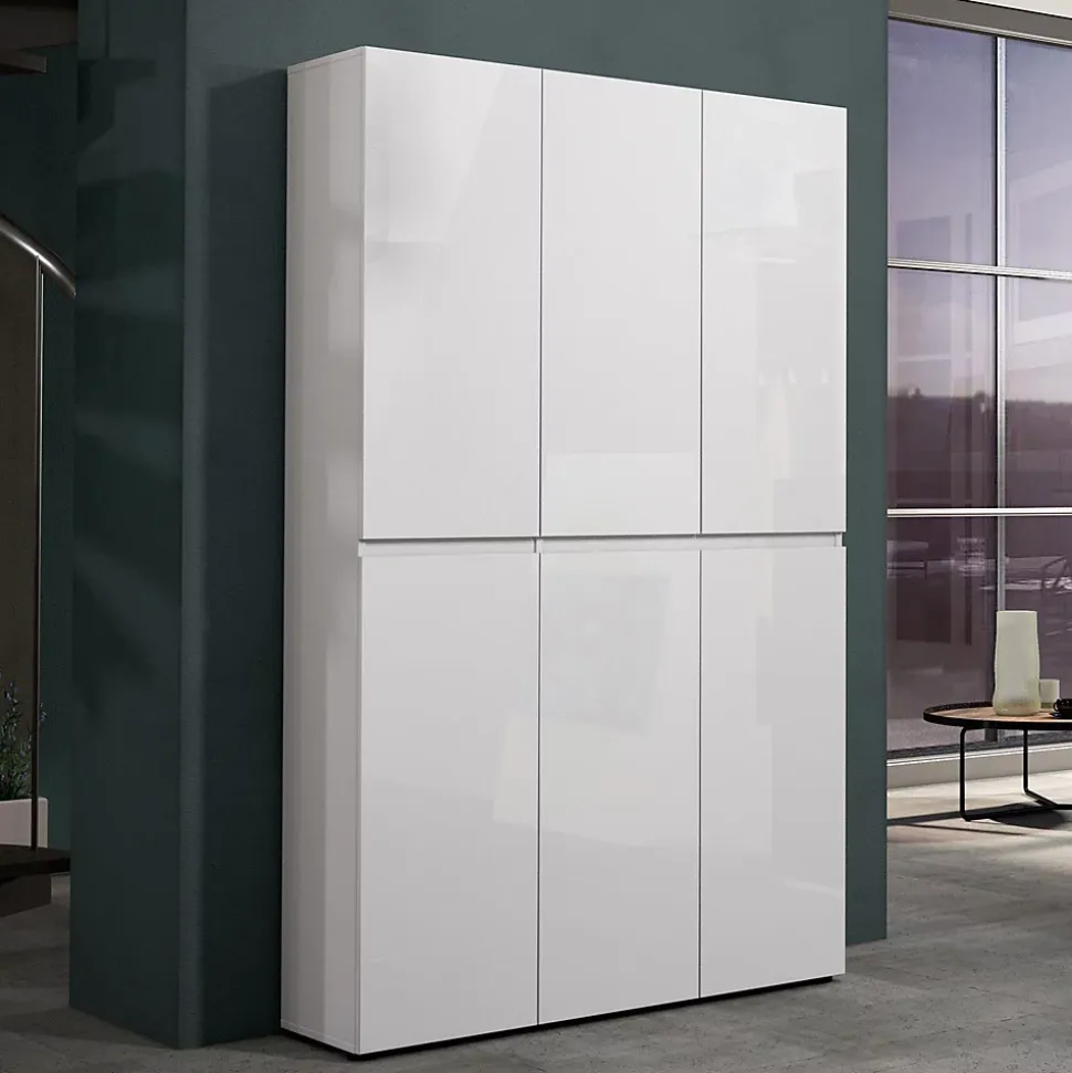 Meuble à chaussures Ddomingue, Meuble à chaussures, Armoire d'entrée polyvalente, 122x34h200 cm, Blanc brillant
