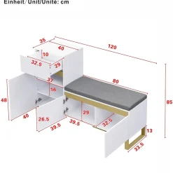 Meuble à Chaussures d'entrée - avec Tiroir et Portes - Banc avec Coussin Moelleux - MDF - 120x35x85 cm - Blanc
