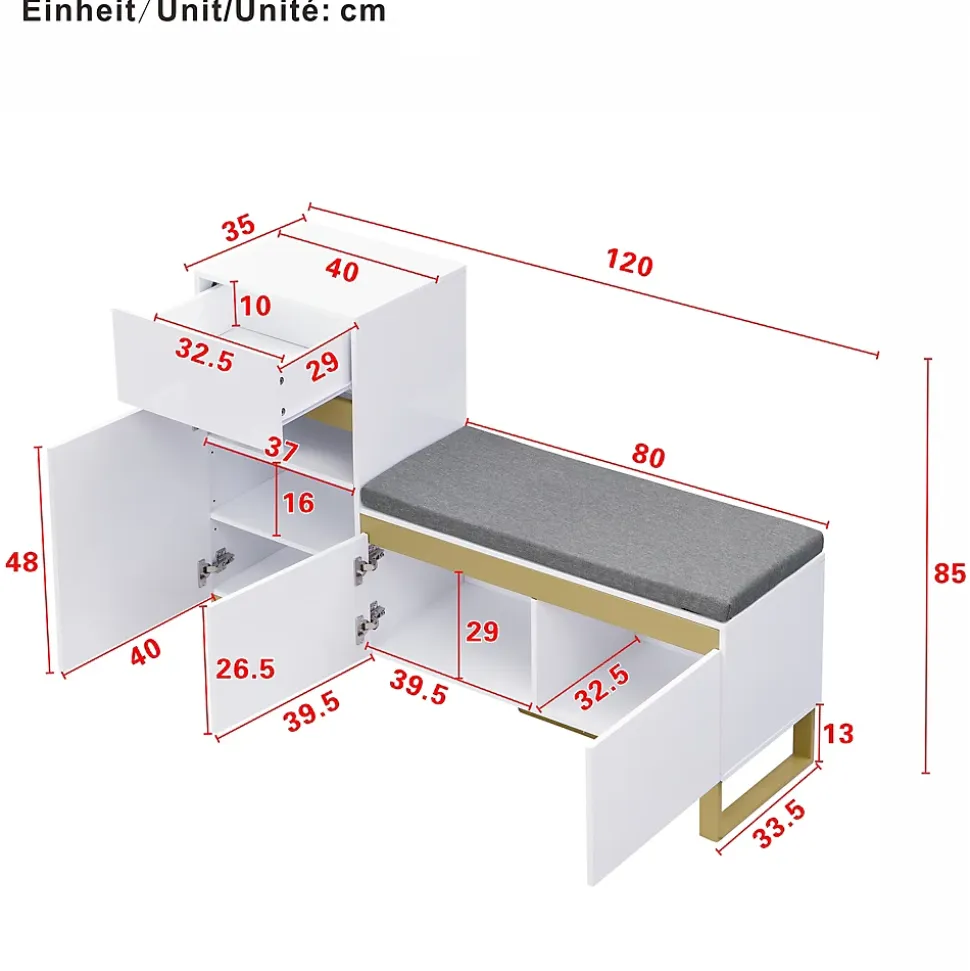 Meuble à Chaussures d'entrée - avec Tiroir et Portes - Banc avec Coussin Moelleux - MDF - 120x35x85 cm - Blanc