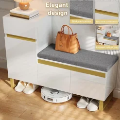 Meuble à Chaussures d'entrée - avec Tiroir et Portes - Banc avec Coussin Moelleux - MDF - 120x35x85 cm - Blanc