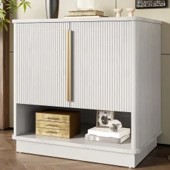 Meuble à Chaussures d'entrée avec 2 Portes, Rangement ouvert, design Moderne en MDF avec Poignées Dorées, Blanc Bois 60x40x61 cm