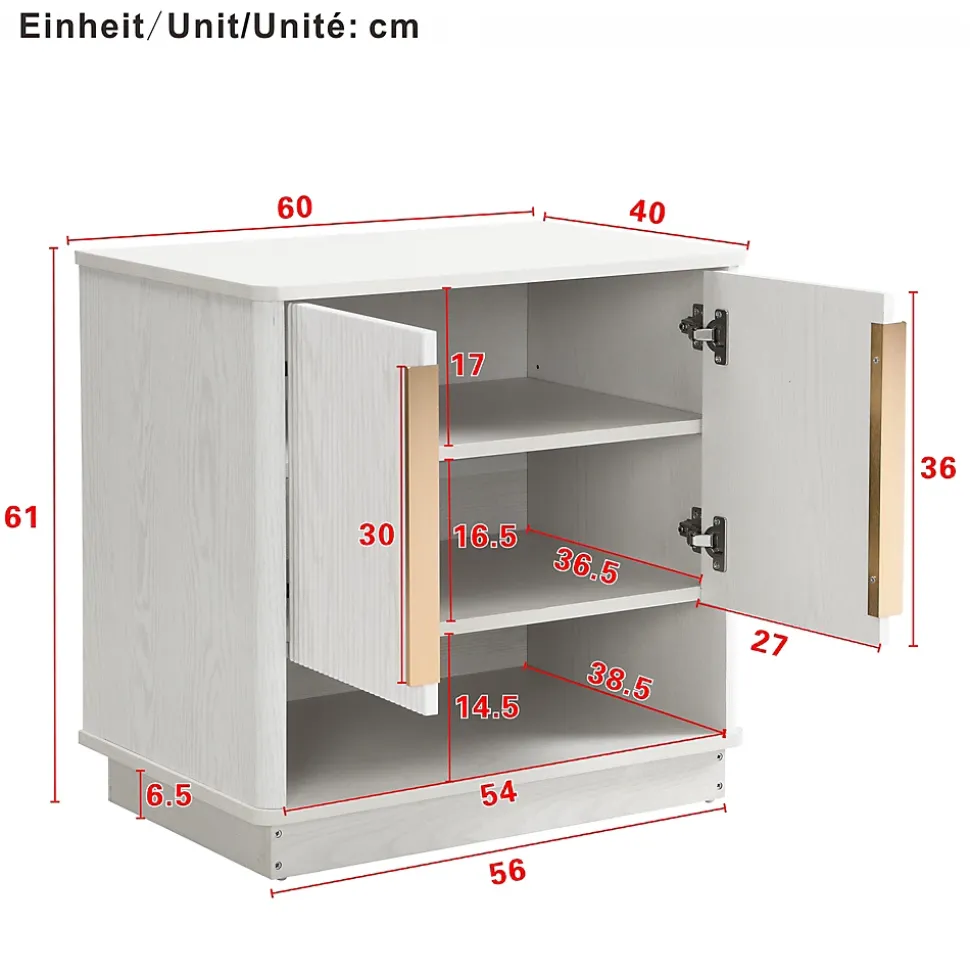 Meuble à Chaussures d'entrée avec 2 Portes, Rangement ouvert, design Moderne en MDF avec Poignées Dorées, Blanc Bois 60x40x61 cm
