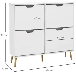 Meuble à chaussures design scandinave 4 portes abattantes 4 étagères réglables bois pin panneaux blanc