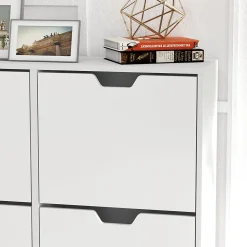 Meuble à chaussures design scandinave 4 portes abattantes 4 étagères réglables bois pin panneaux blanc