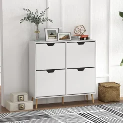 Meuble à chaussures design scandinave 4 portes abattantes 4 étagères réglables bois pin panneaux blanc
