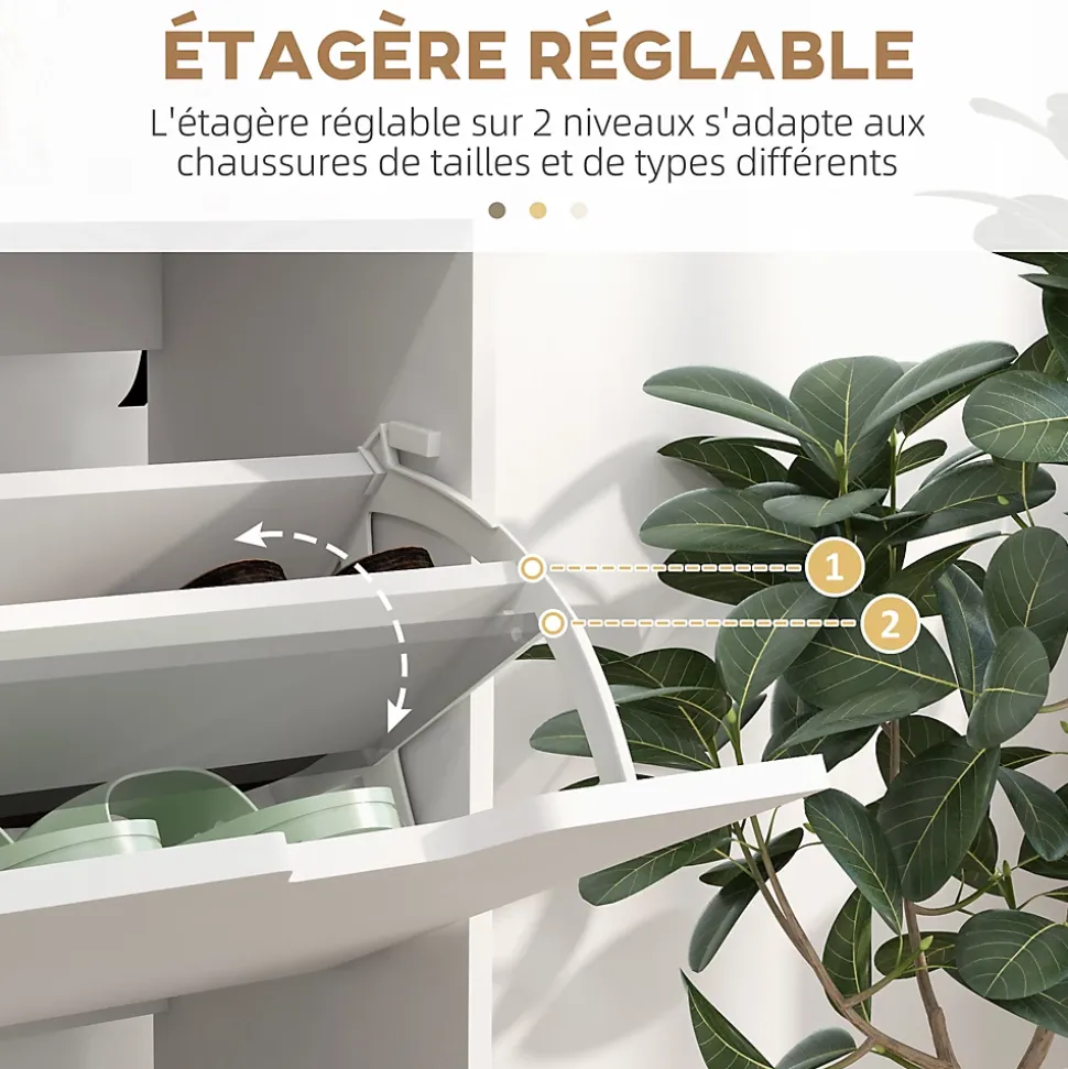 Meuble à chaussures design scandinave 4 portes abattantes 4 étagères réglables bois pin panneaux blanc