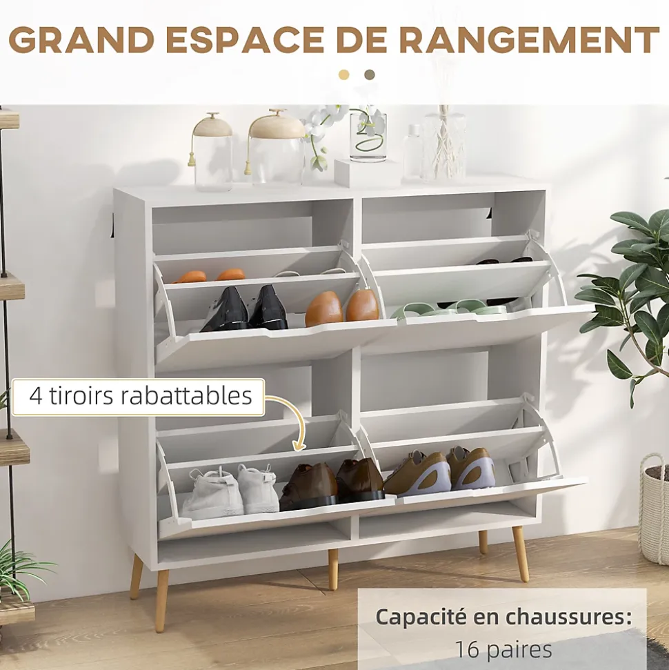 Meuble à chaussures design scandinave 4 portes abattantes 4 étagères réglables bois pin panneaux blanc