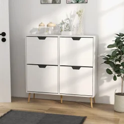 Meuble à chaussures design scandinave 4 portes abattantes 4 étagères réglables bois pin panneaux blanc