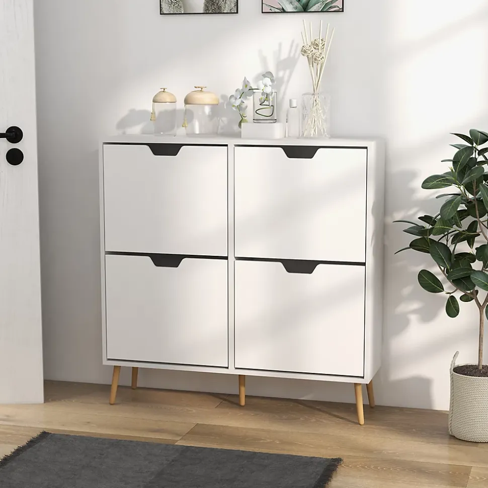 Meuble à chaussures design scandinave 4 portes abattantes 4 étagères réglables bois pin panneaux blanc