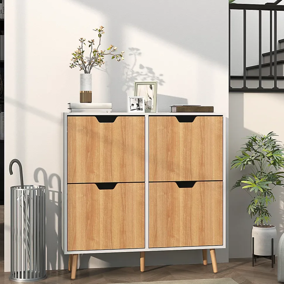 Meuble à chaussures design scandinave 4 portes abattantes 4 étagères réglables bois pin panneaux bois blanc